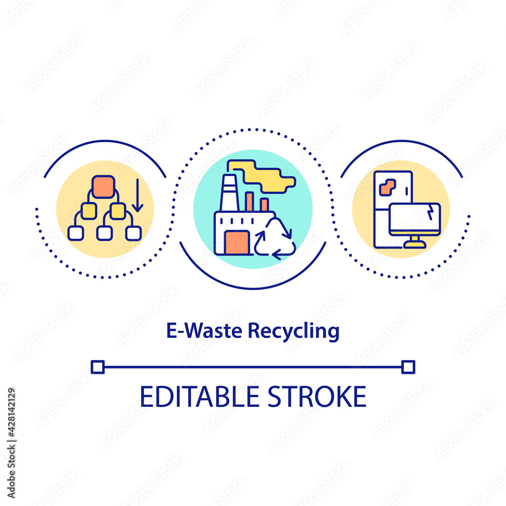 E-waste recycling concept icon. Environmental health protection idea thin line illustration. Electronic products reuse and reprocessing. Vector isolated outline RGB color drawing. Editable stroke