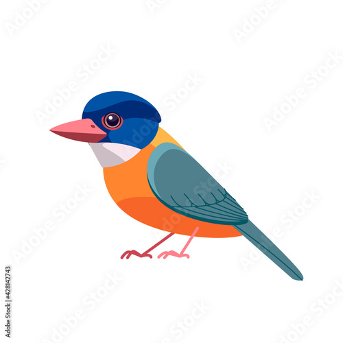 Kingfisher bird Green-backed Kingfisher. Alcedo at this. Cartoon bird, beautiful character of ornithology, vector illustration isolated on white background