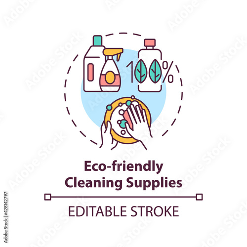 Eco friendly cleaning supplies concept icon. Green hotel features. No chemical components inside products idea thin line illustration. Vector isolated outline RGB color drawing. Editable stroke