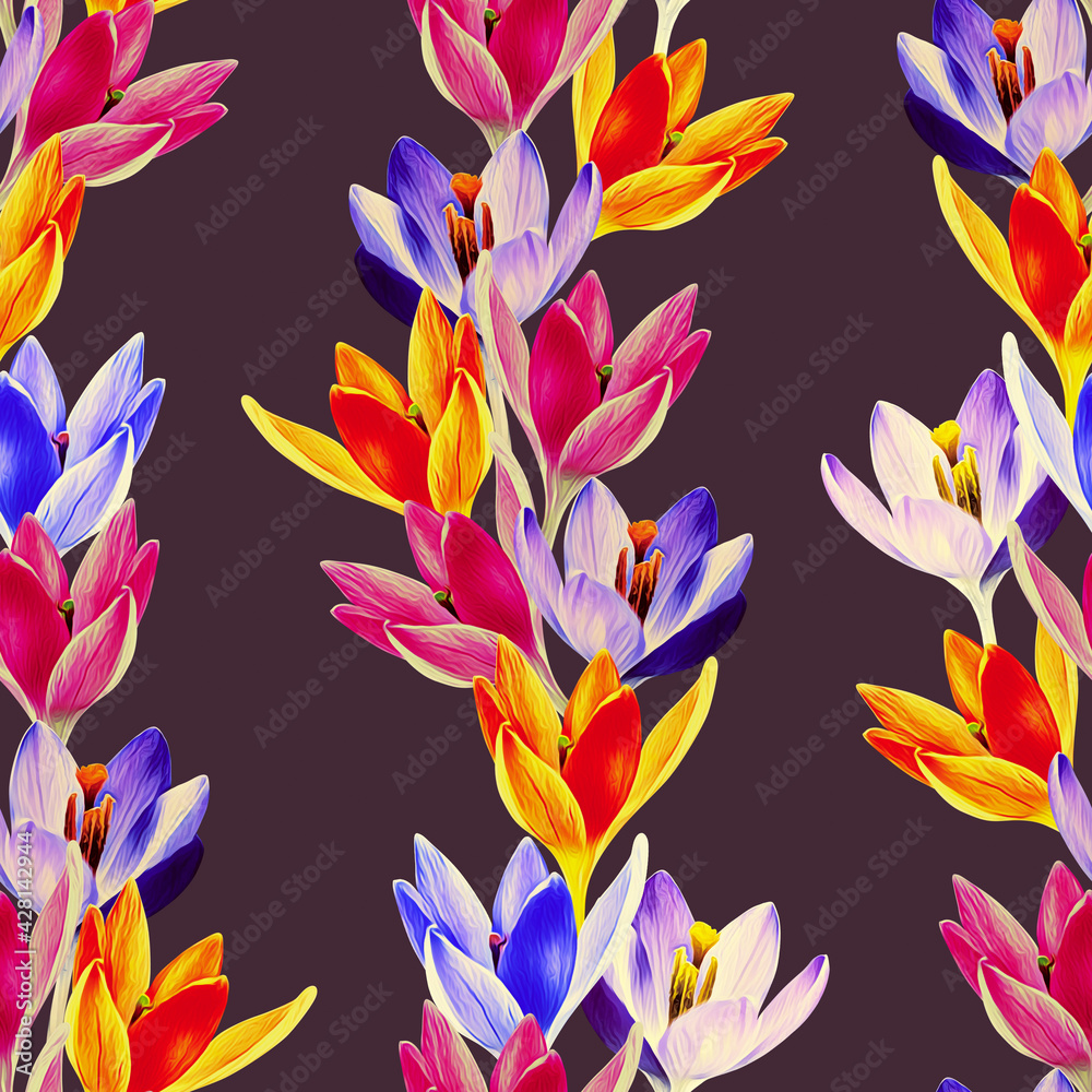 Obraz premium Crocus flower garland seamless pattern.