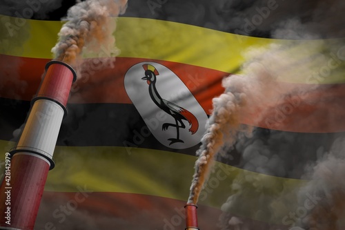 Pollution fight in Uganda concept - industrial 3D illustration of two huge industrial chimneys with dense smoke on flag background © Dancing Man