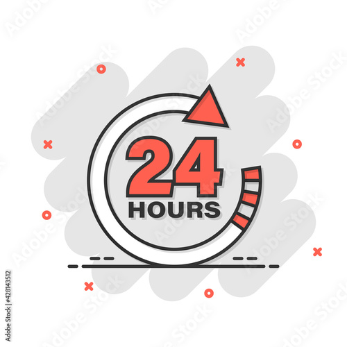 24 hours clock sign icon in comic style. Twenty four hour open vector cartoon illustration on white isolated background. Timetable business concept splash effect.