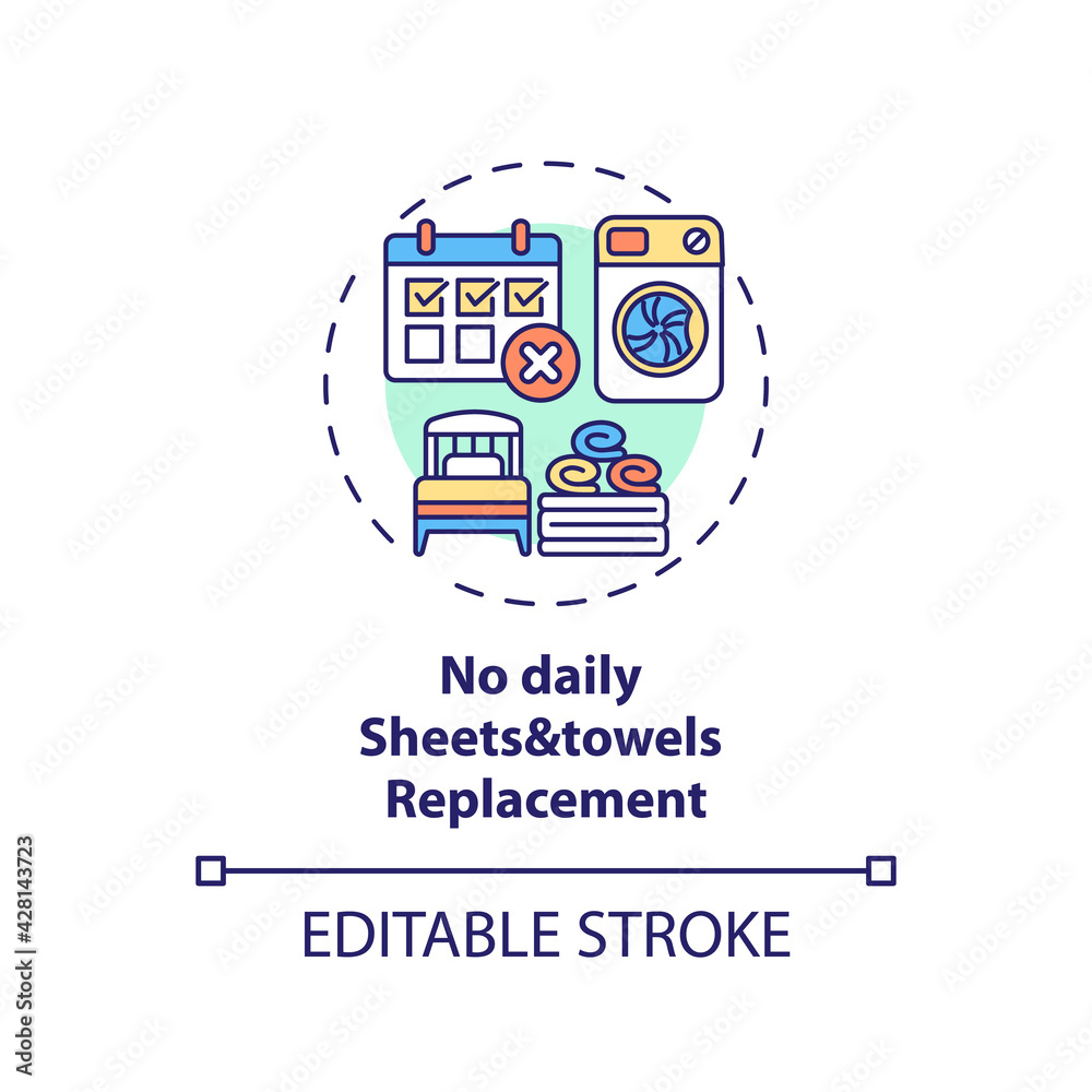 No daily sheets and towels replacement concept icon. Sustainable tourism ideas. Reduce water usage idea thin line illustration. Vector isolated outline RGB color drawing. Editable stroke No daily sheets and towels replacement concept icon. Sustainable tourism ideas. Reduce water usage idea thin line illustration. Vector isolated outline RGB color drawing. Editable stroke