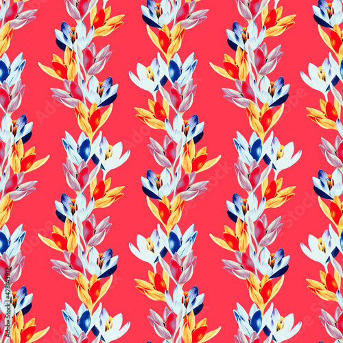 Crocus flower garland seamless pattern.