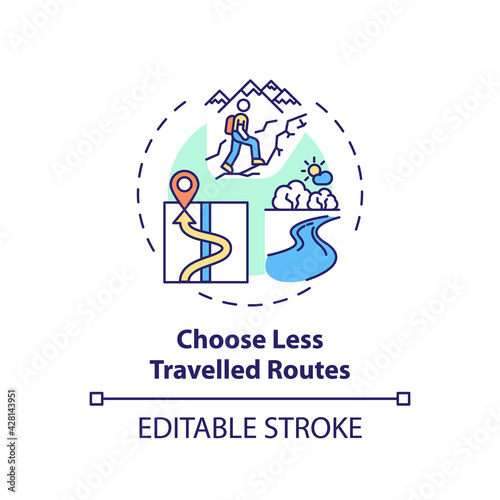 Choose less travelled routes concept icon. Sustainable tourism ideas. Beautiful travelling route for tourist idea thin line illustration. Vector isolated outline RGB color drawing. Editable stroke