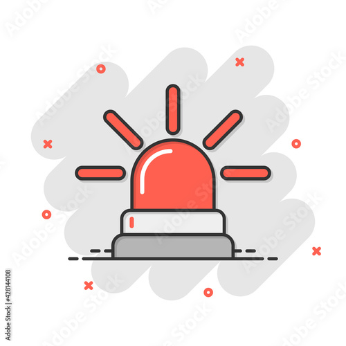 Emergency siren icon in comic style. Police alarm vector cartoon illustration on white isolated background. Medical alert business concept splash effect.