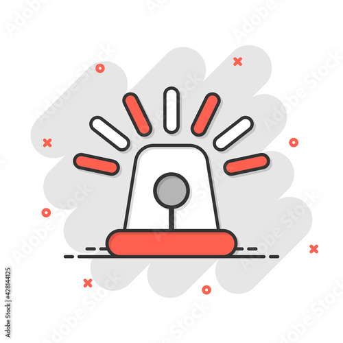 Emergency siren icon in comic style. Police alarm vector cartoon illustration on white isolated background. Medical alert business concept splash effect.