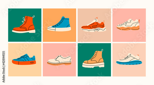 Various Shoes icons collection. Boots, sport shoes, sneakers, hiking footwear and other shoes for training. Men's and women's footwear. Hand drawn Vector illustration. All elements are isolated