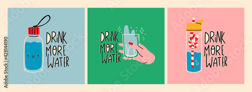 Water flask, bottle and glass with water. Drink more Water text. Glass only, Plastic free, zero waste concept. Hand drawn trendy Vector illustartions. Pre-made posters or print templates