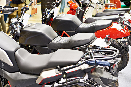 Modern motorcycles in shop