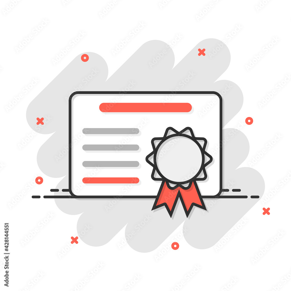 Certificate icon in comic style. License badge vector cartoon illustration on white isolated background. Winner medal splash effect business concept.