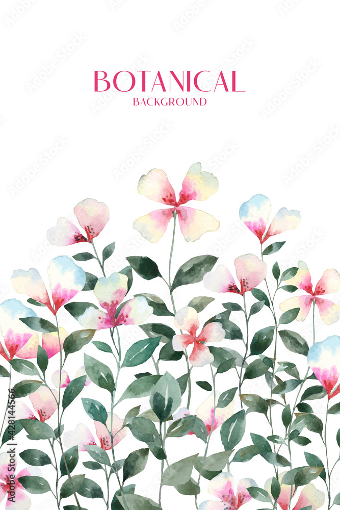 Watercolor sweet, colorful flower with green leaf botanical background. 