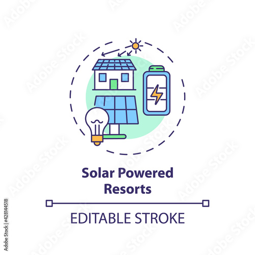 Solar powered resorts concept icon. Best sustainable tourism practices. Using natural energy to power up devices idea thin line illustration. Vector isolated outline RGB color drawing. Editable stroke