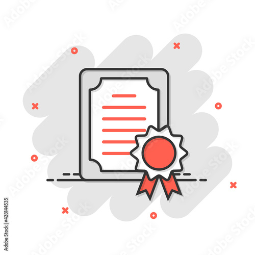 Certificate icon in comic style. License badge vector cartoon illustration on white isolated background. Winner medal splash effect business concept.