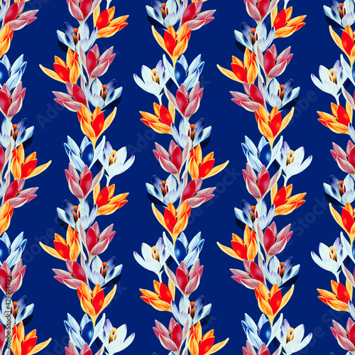 Crocus flower garland seamless pattern.