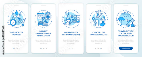 Sustainable tourism ideas onboarding mobile app page screen with concepts. Daily towel replacement walkthrough 5 steps graphic instructions. UI, UX, GUI vector template with linear color illustrations