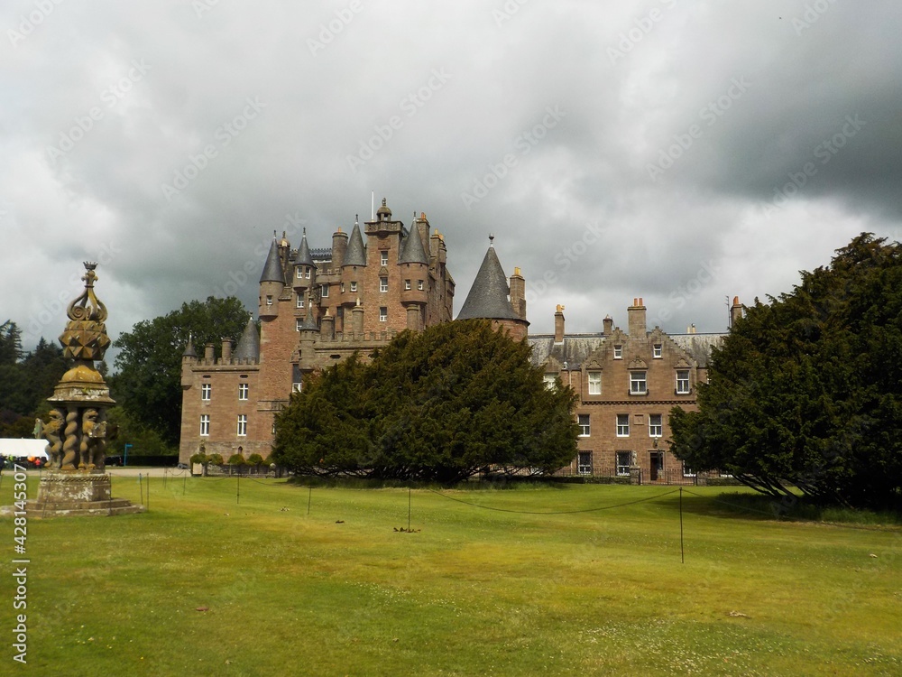 The spectacular Glamis Castle and gardens in summer, Scotland 