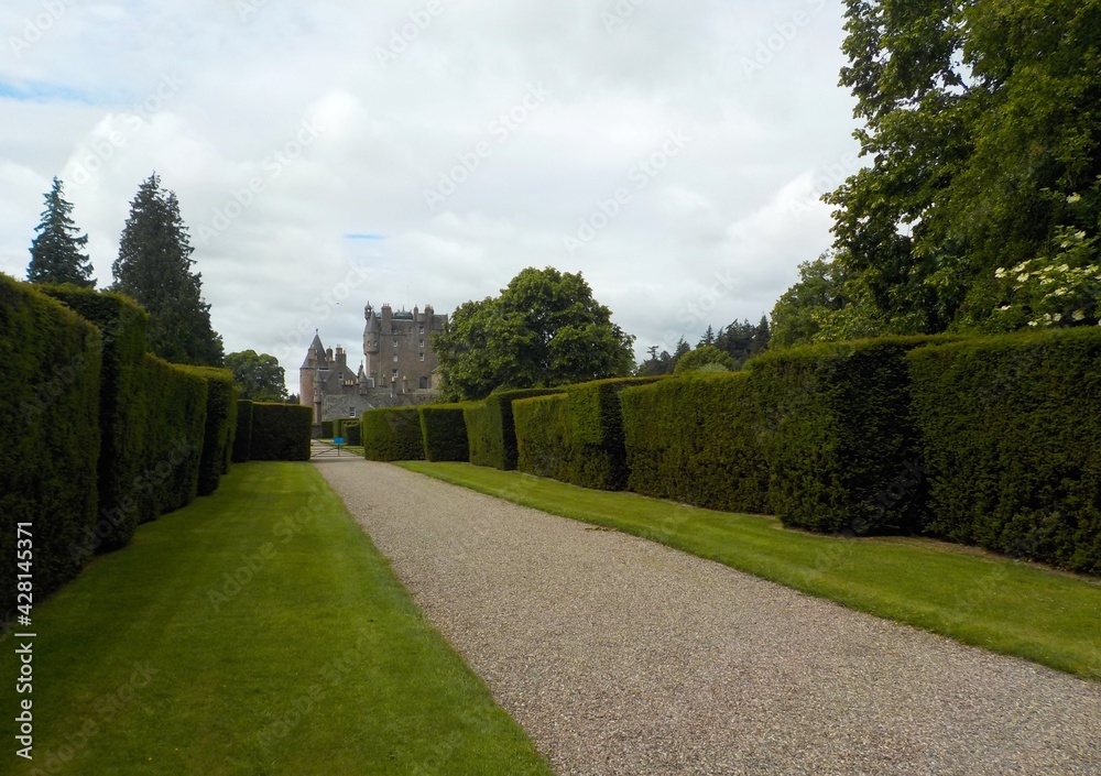 The spectacular Glamis Castle and gardens in summer, Scotland 