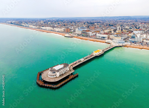 An aerial view of Worthing Pier, a public pleasure pier in Worthing, West Sussex, England