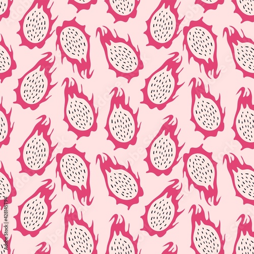 Seamless pattern with the image of pitahaya on a pink background. Design for paper, textile and decor. Vector illustration.