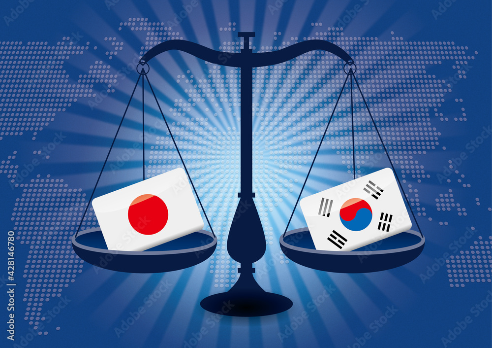 天秤と国旗 日本と韓国の国旗 国家対立 国家紛争 国際司法 貿易のイメージイラスト世界地図と集中線の背景 Ilustracion De Stock Adobe Stock