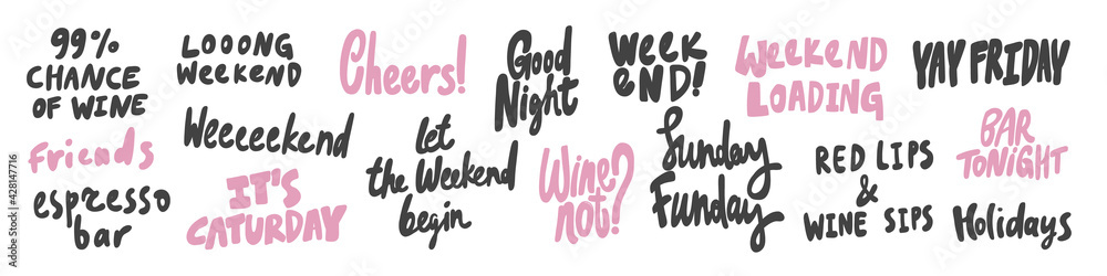 Vector hand drawn collection set of calligraphy lettering quotes and words. Pink and black color Vector hand drawn collection set of calligraphy lettering quotes and words. Pink and black color