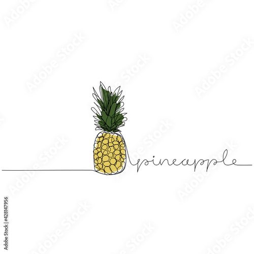 Continuous one line drawing of pineapple with text. Pineapple modern minimalist art.