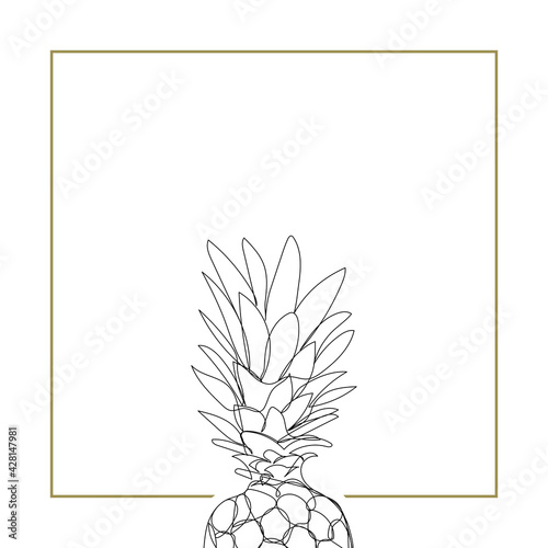 Continuous one line drawing of pineapple with goldy frame. Tropical modern minimalist art.