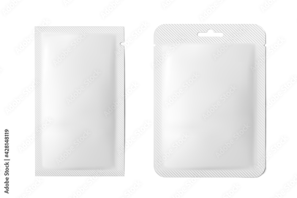 Set white plastic sachet for cosmetic beauty product. Skincare mockup for shampoo, shower gel, facial cleanser, moisture cream, lotion 3d realistic vector illustration, isolated