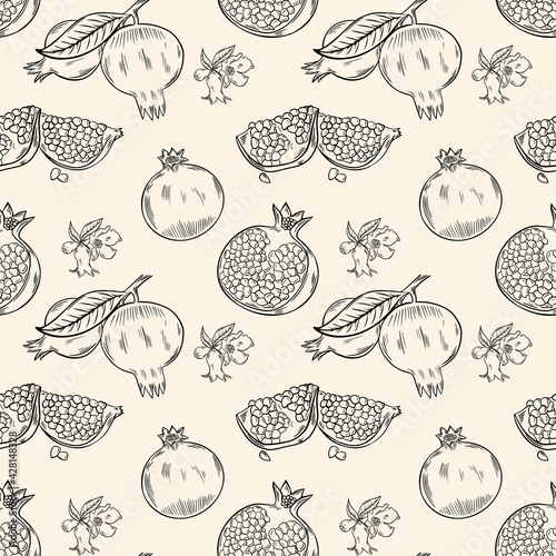 Fototapeta Naklejka Na Ścianę i Meble -  Seamless pattern with pomegranate fruits. Model whole pomegranates, halves and flowers. Background sketch pomegranate vector illustration