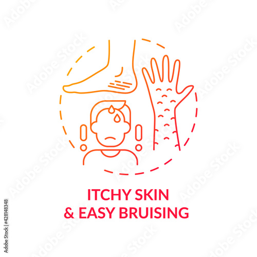 Itchy skin and easy bruising concept icon. Liver disease sign idea thin line illustration. Diabetes complications. Blood-clotting problem. Abdominal pain. Vector isolated outline RGB color drawing