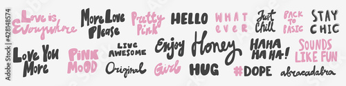 Vector hand drawn collection set of calligraphy lettering quotes and words. Pink and black color