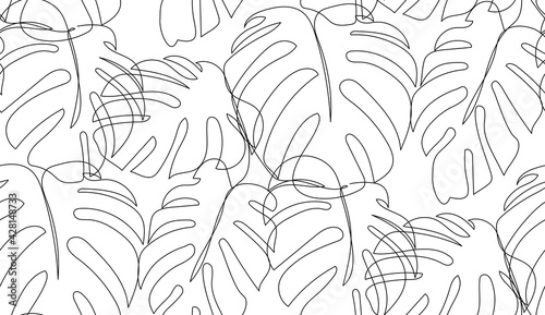 Continuous one line drawing of monstera leaves. Minimalist art  seamless pattern.