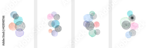Creative minimalist hand painted Abstract art background with watercolor stain and Hand Drawn doodle Scribble Circle. Design for wall decoration, postcard, poster or brochure