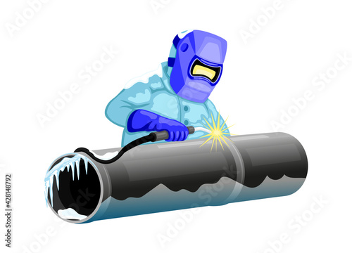 Welder welds the pipeline on a white background.