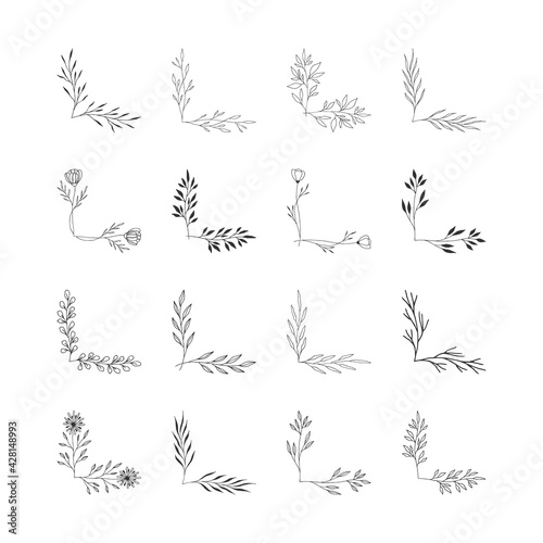 Set of botanical hand drawn decorative corners with nature design elements. Floral ornament.