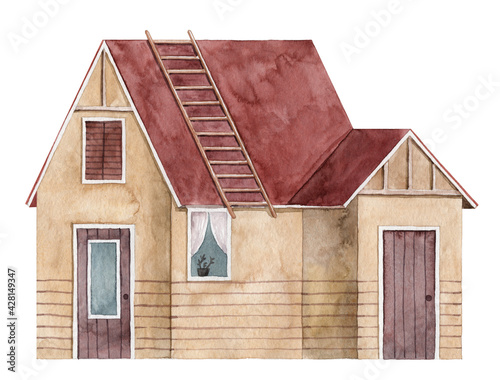 Hand painted watercolor wooden house. Small cottage with ladder on the roof
