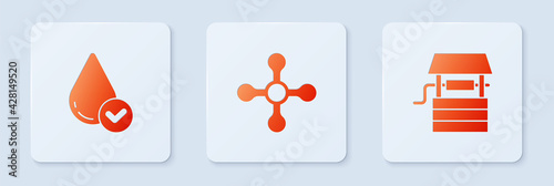 Set Water tap, drop and Well with bucket. White square button. Vector