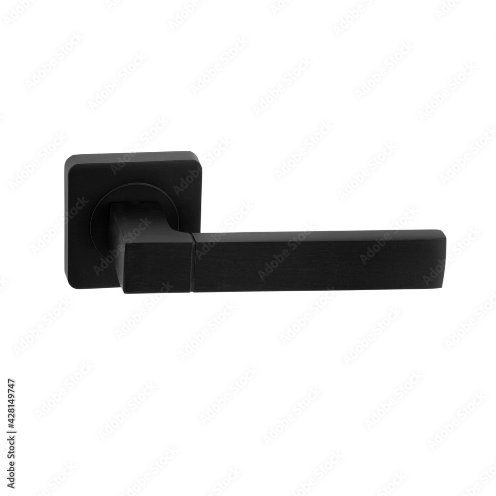 Square shaped matt black door handle on split base isolated on white background Square shaped matt black door handle on split base isolated on white background