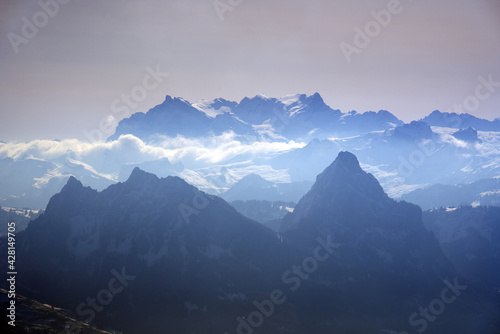 View over Swiss alps from Mount Rigi  Switzerland. Photo taken April 14th  2021  Rigi Kulm  Switzerland.