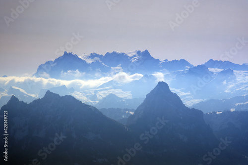 View over Swiss alps from Mount Rigi  Switzerland. Photo taken April 14th  2021  Rigi Kulm  Switzerland.