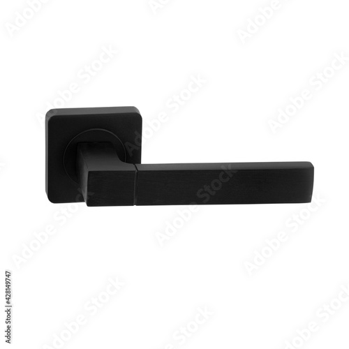 Square shaped matt black door handle on split base isolated on white background