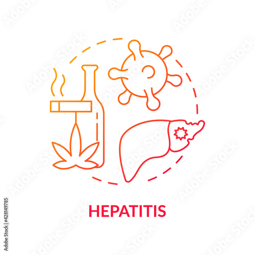Hepatitis concept icon. Liver disease type idea thin line illustration. Hepatitis A, B, C, D and E. Damage, inflammation. Viral infection. Heavy alcohol use. Vector isolated outline RGB color drawing