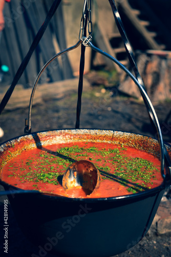 kettle on fire with Hungarian goulash
