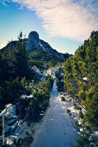 Beautiful winter landscape in the mountains	with clouds and snow covered road.