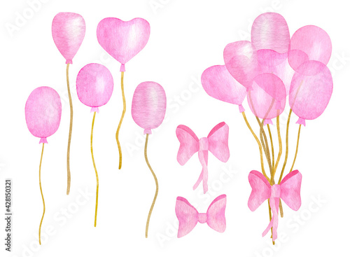 Watercolor pink balloons set. Bunch of air balloons with cute bows. Hand drawn oval and heart shaped balloons for kids, baby girl Birthday celebration. Party elements isolated on white background © Olya Haifisch