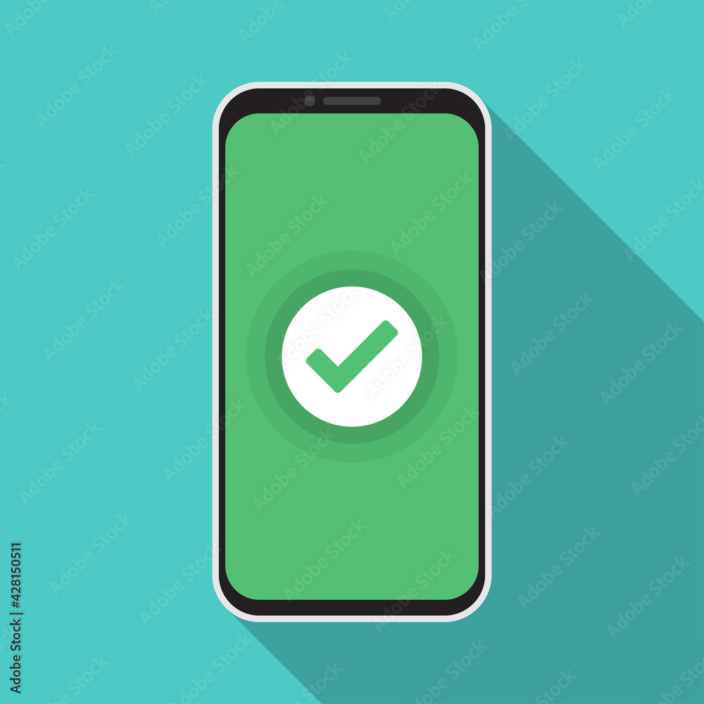 Smartphone with green checkmark notification in a flat design Smartphone with green checkmark notification in a flat design
