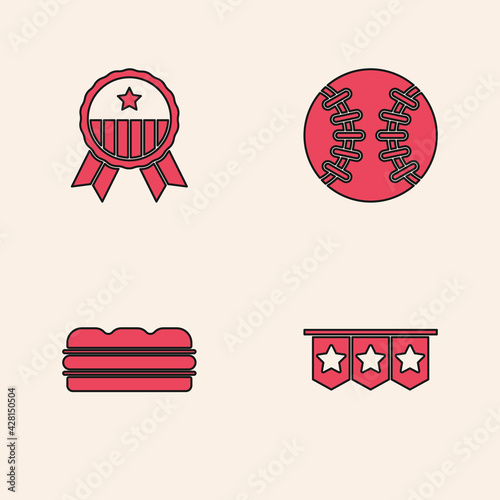 Set Carnival garland with flags, Medal star, Baseball ball and Sandwich icon. Vector