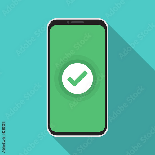 Smartphone with green checkmark notification in a flat design