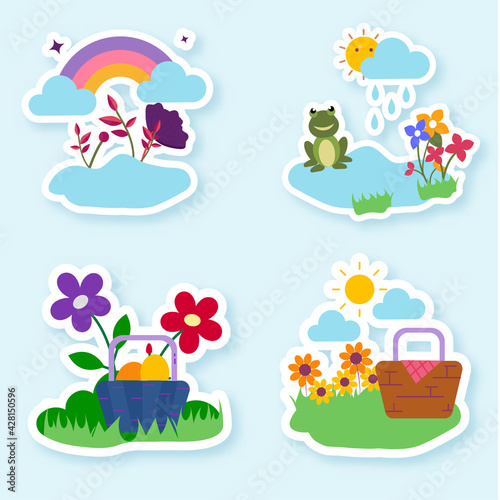 Various Type Spring Sticker On Blue Background.